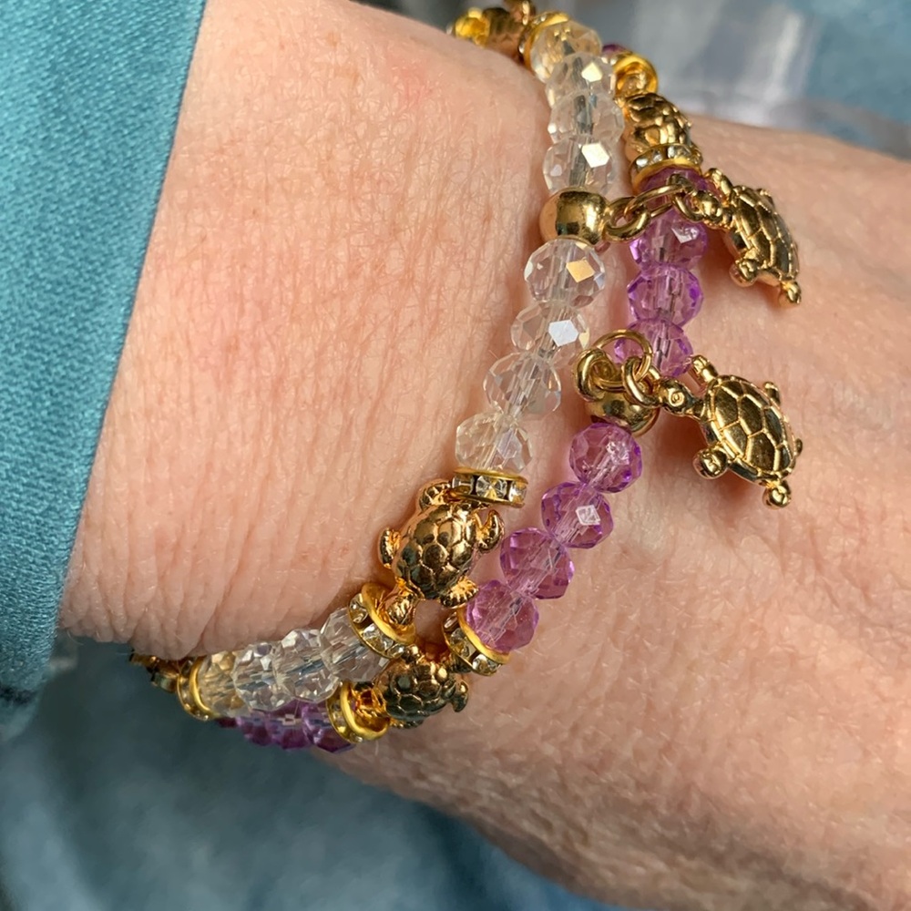 Turtle Charm Bracelet set of 2 Clear and lavender Beaded Gold Turtle bracelets